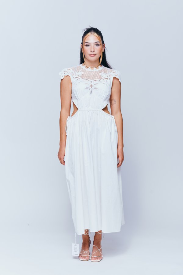 White Cotton Chemical Lace Midi Dress